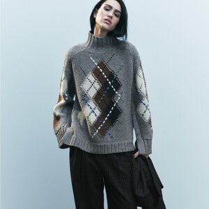 NWT ZARA KNIT ARGYLE SWEATER GRAY MARL SIZE S 9598/231/812